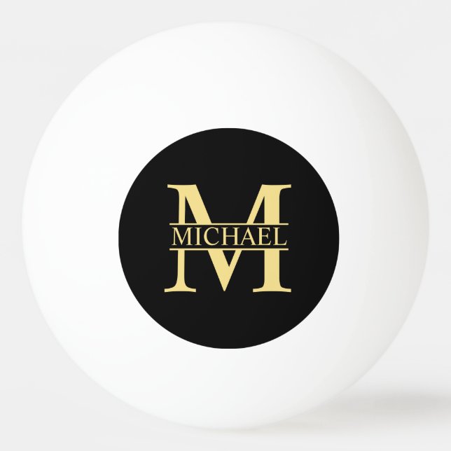 Black and Gold Personalised Monogram and Name Ping Pong Ball (Front)