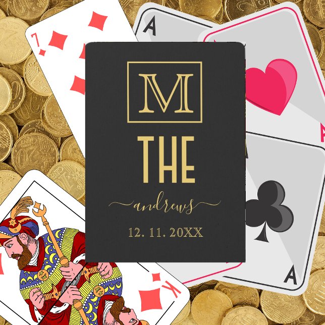 Black and Gold Personalised Monogram and Name Playing Cards (Creator Uploaded)