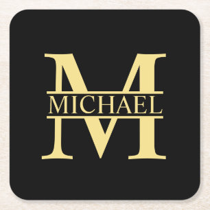 Black and Gold Personalised Monogram and Name Square Paper Coaster