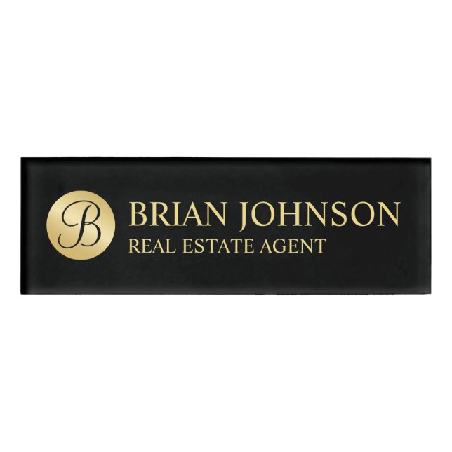 Black and Gold Personalised Monogram and Name Tag (Front)