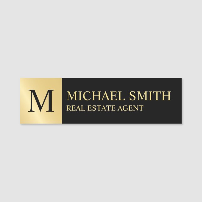 Black and Gold Personalised Monogram and Name Tag (Front)