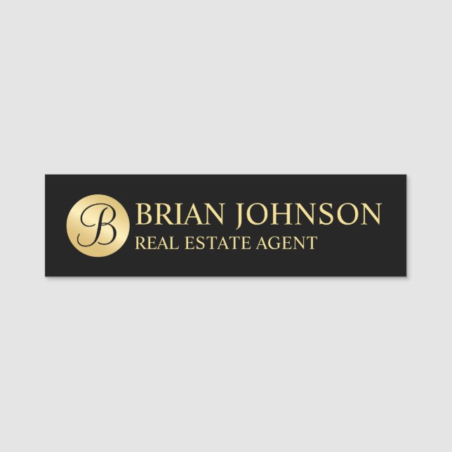 Black and Gold Personalised Monogram and Name Tag (Front)