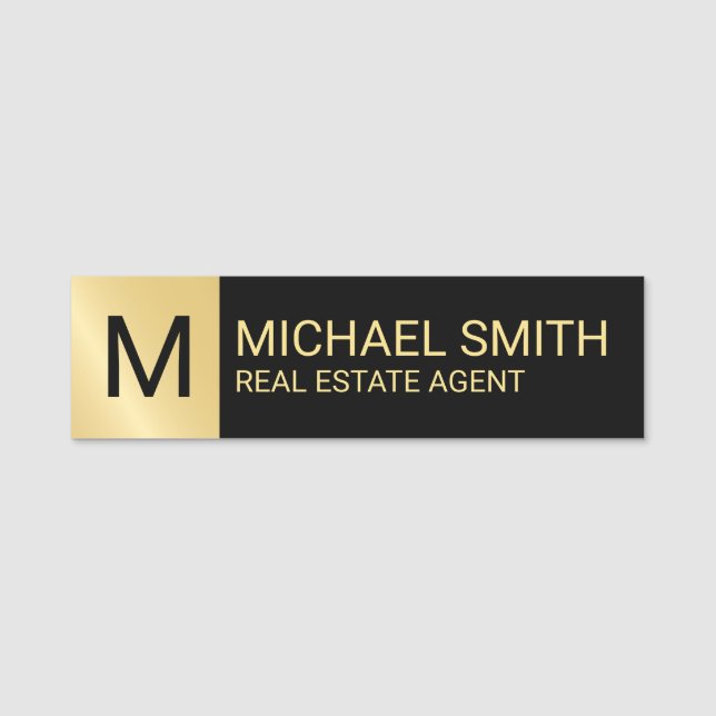 Black and Gold Personalised Monogram and Name Tag (Front)