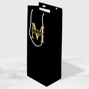 Black and Gold Personalised Monogram and Name Wine Gift Bag