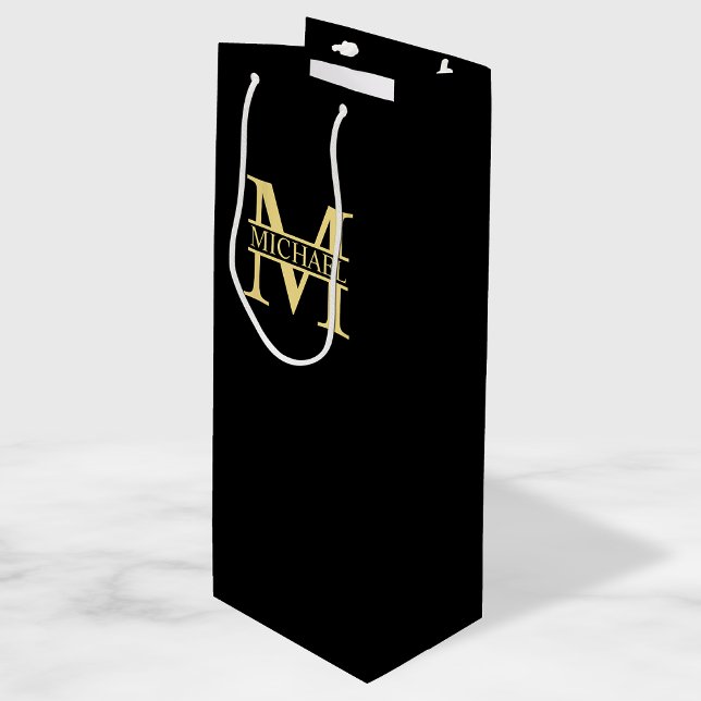 Black and Gold Personalised Monogram and Name Wine Gift Bag (Creator Uploaded)