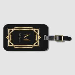 Black and Gold Personalised Monogram Geometric Luggage Tag