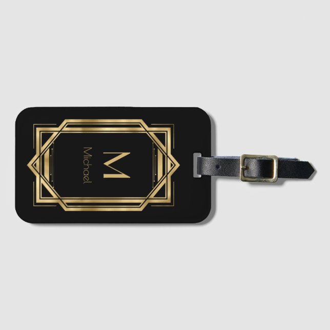 Black and Gold Personalised Monogram | Geometric Luggage Tag (Front Horizontal)