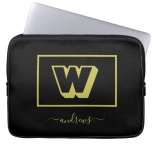 Black and Gold Personalised Monogram Name Laptop Sleeve