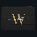 Black And Gold Personalised Monogram Name Script iPad Pro Cover<br><div class="desc">Girly Elegant Black And Gold Simple Minimal Monogram Initial Name Script Custom Personalised iPad Cover. These design featuring your first name in a pretty hand lettered style swash tail font typography (or calligraphy) with monogram initial in white and gold on black background. These are easy to customise. Great stylish feminine...</div>