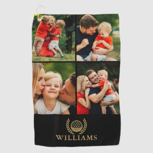 Black And Gold Personalised Name Monogram 4 Photo Golf Towel