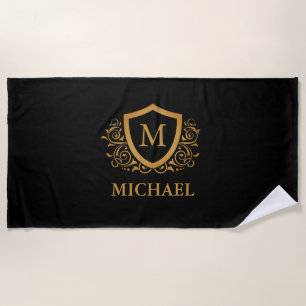 Black and Gold Personalised Stylish Monogram Name Beach Towel