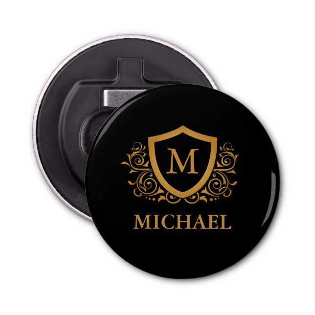 Black and Gold Personalised Stylish Monogram Name Bottle Opener (Front)