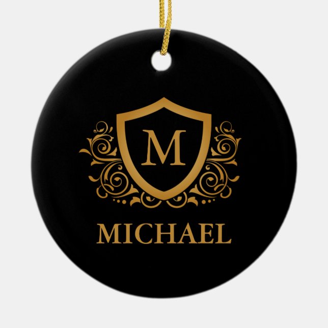 Black and Gold Personalised Stylish Monogram Name Ceramic Tree Decoration (Front)
