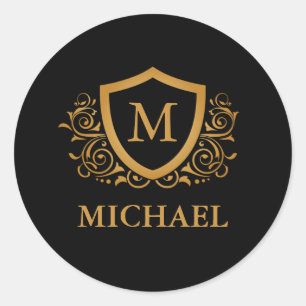 Black and Gold Personalised Stylish Monogram Name Classic Round Sticker
