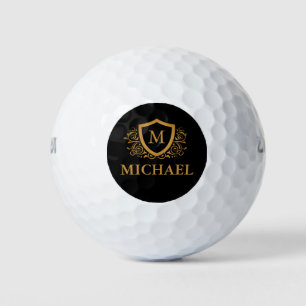 Black and Gold Personalised Stylish Monogram Name Golf Balls