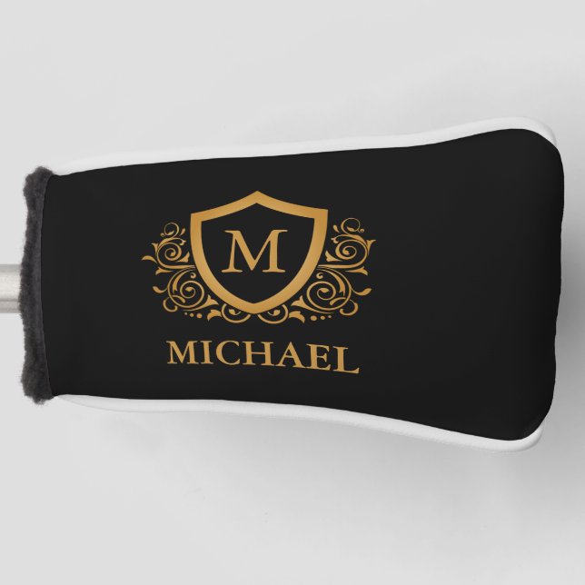 Black and Gold Personalised Stylish Monogram Name Golf Head Cover (Front)
