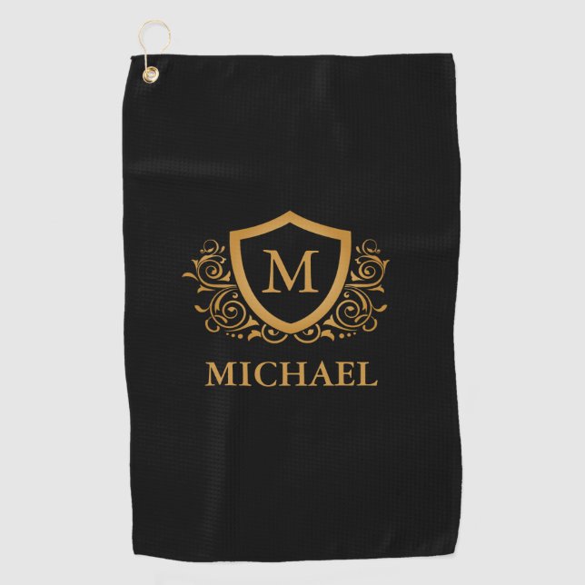 Black and Gold Personalised Stylish Monogram Name Golf Towel (Front)
