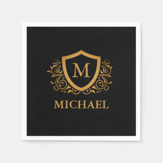 Black and Gold Personalised Stylish Monogram Name Napkin