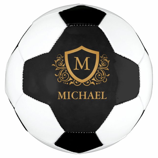 Black and Gold Personalised Stylish Monogram Name Soccer Ball (Front)