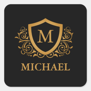 Black and Gold Personalised Stylish Monogram Name Square Sticker