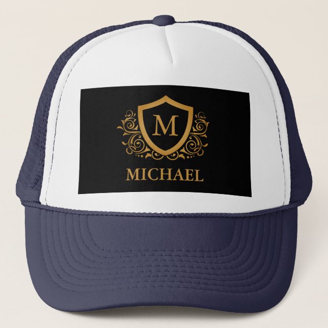Black and Gold Personalised Stylish Monogram Name Trucker Hat (Front)