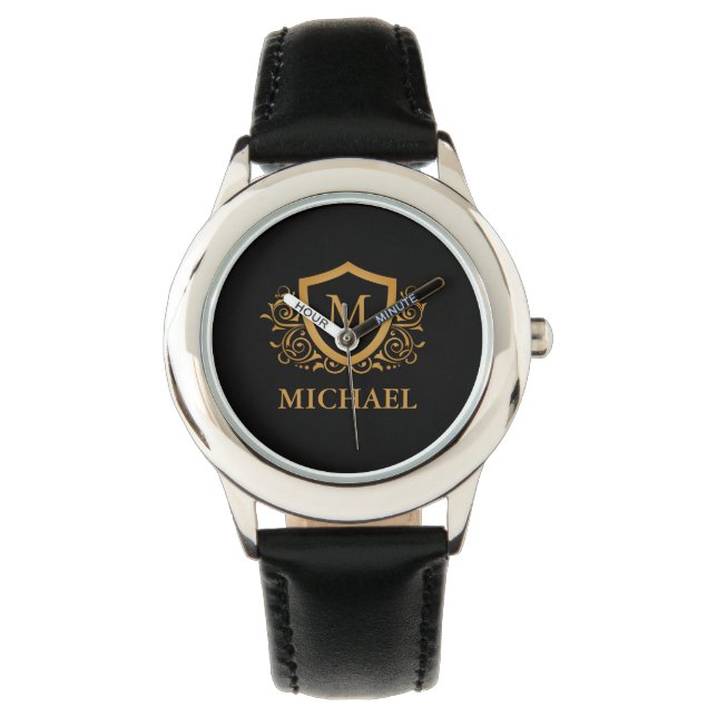 Black and Gold Personalised Stylish Monogram Name Watch (Front)