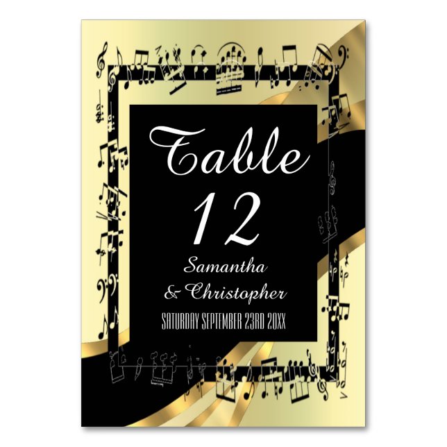 Black and gold personalised table number (Front)