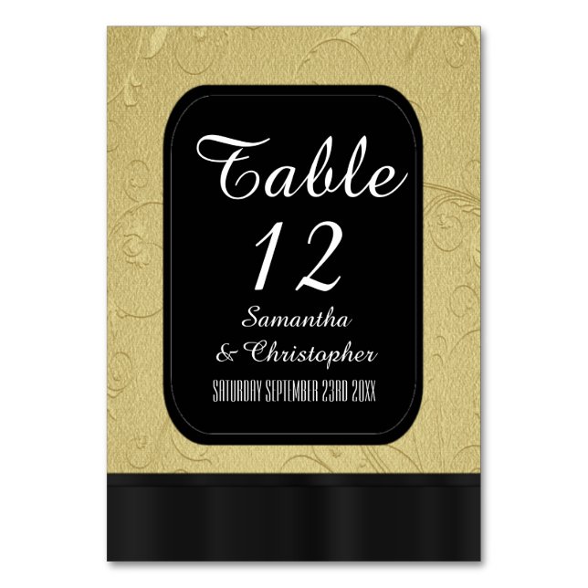 Black and gold personalised table number (Front)