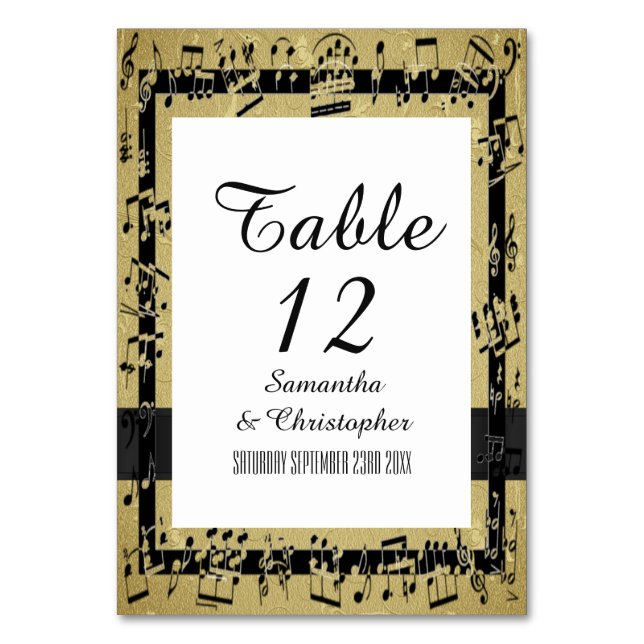 Black and gold personalised table number (Front)
