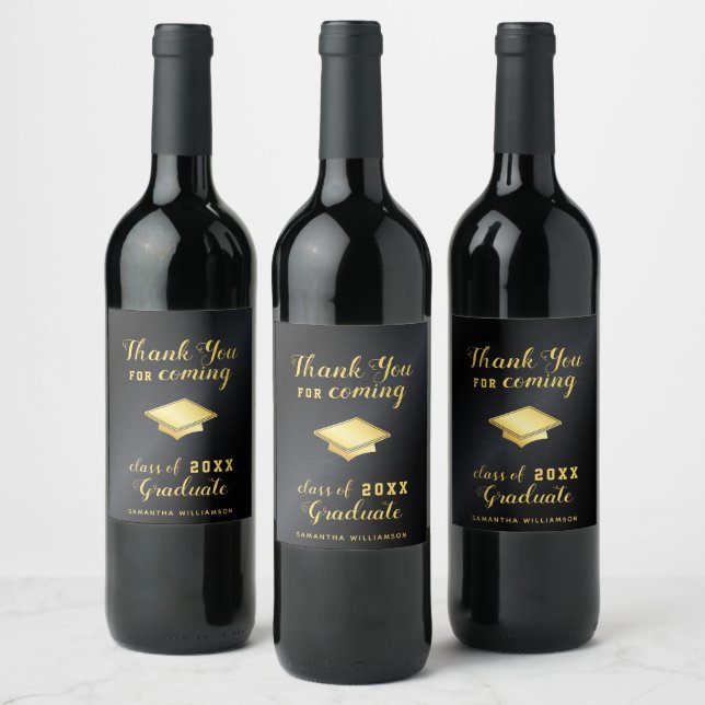 Black and Gold Personalised Thank You Graduation Wine Label (Bottles)