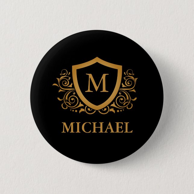 Black and Gold Personalized Stylish Monogram Name 6 Cm Round Badge (Front)