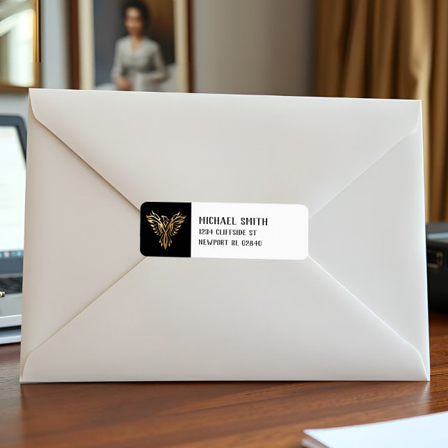 Black and Gold Phoenix Bird Emblem Metallic Look (Elegant black and gold phoenix return labels with tribal style for bold, masculine mail.)