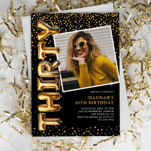 Black and Gold Photo 30th Birthday Invitation