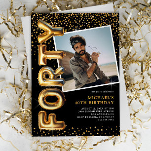 Black and Gold Photo 40th Birthday Invitation