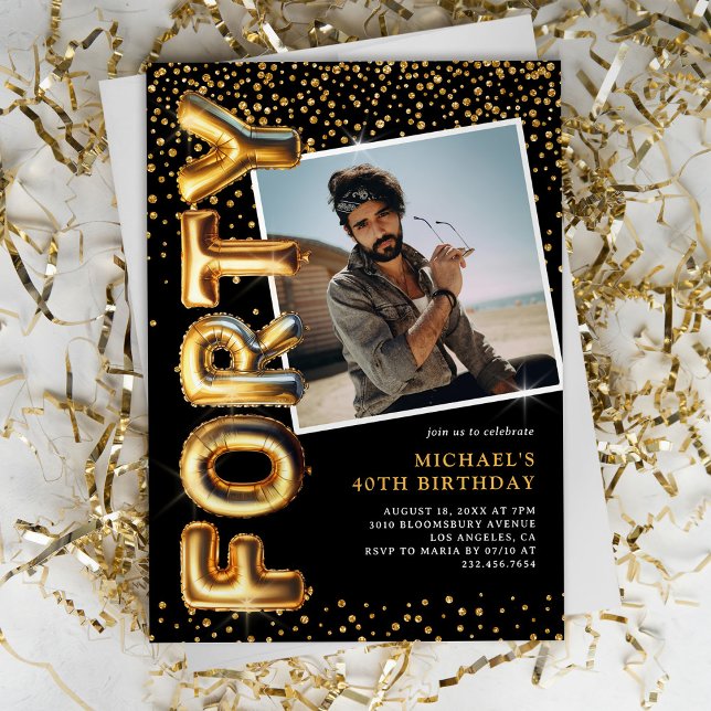 Black and Gold Photo 40th Birthday Invitation (Creator Uploaded)