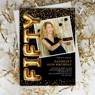 Black and Gold Photo 50th Birthday Invitation