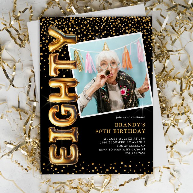 Black and Gold Photo 80th Birthday Invitation (Creator Uploaded)
