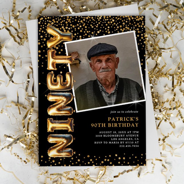 Black and Gold Photo 90th Birthday Invitation (Creator Uploaded)