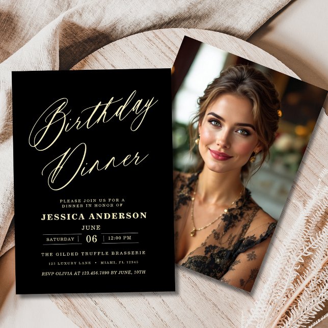 Black and Gold Photo Birthday Dinner Modern  Invitation (Creator Uploaded)