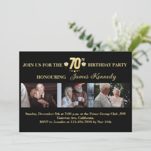 Black and Gold Photo Collage 70th Birthday Party  Invitation