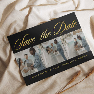 Black And Gold Photo Collage Beach Wedding Save The Date