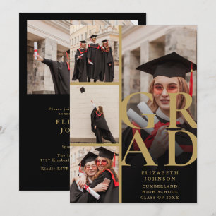 Black And Gold Photo Collage Graduation Party Invitation