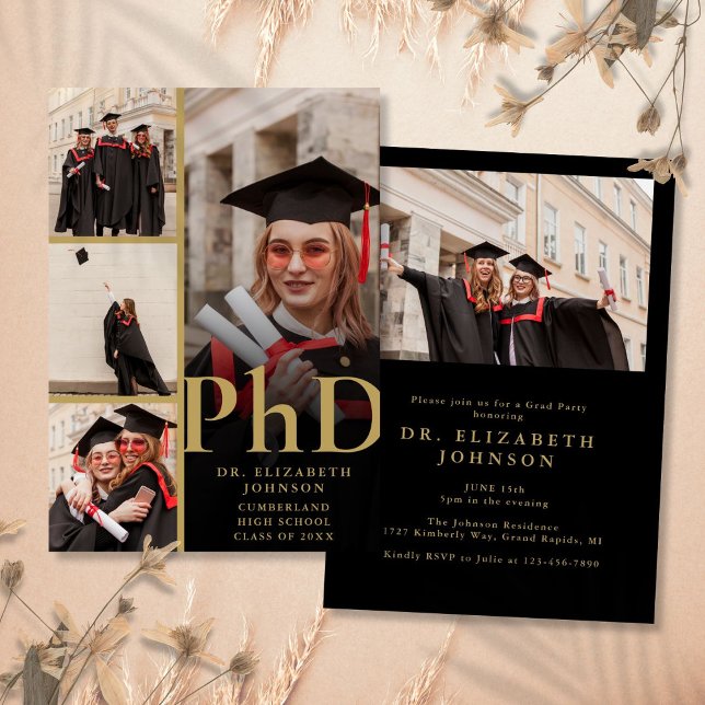 Black And Gold Photo Collage PhD Graduation Party Invitation (Black And Gold Photo Collage PhD Graduation Party Invitation)