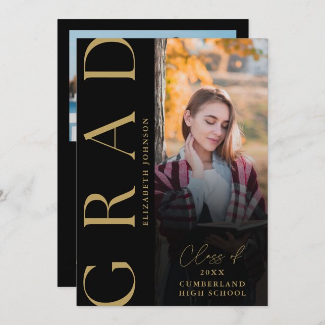 Black And Gold Photo Graduation Announcement (Front/Back)