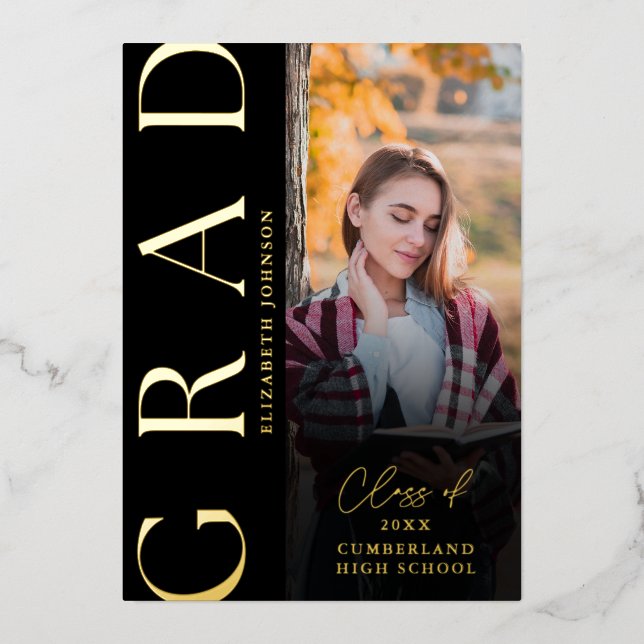 Black And Gold Photo Graduation Foil Announcement (Front)