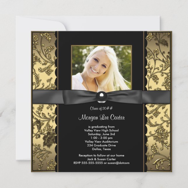 Black and Gold Photo Graduation Invitation (Front)
