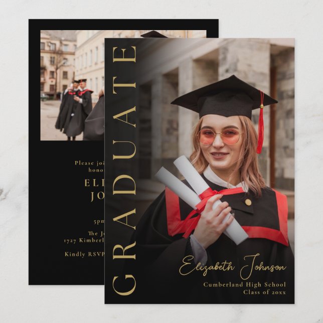 Black And Gold Photo Graduation Party Invitation (Front/Back)