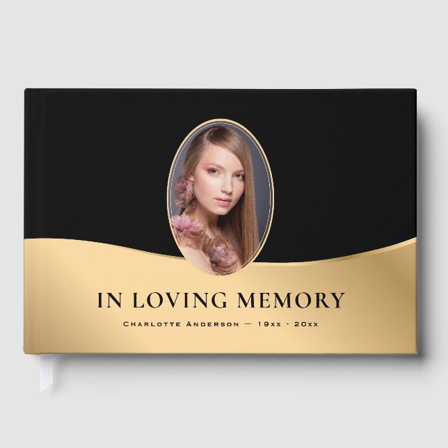 Black and Gold Photo Memorial Funeral Guest Book (Front)