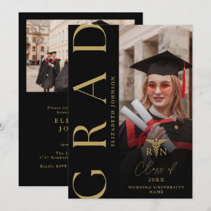 Black And Gold Photo RN Nurse Graduation Party Invitation