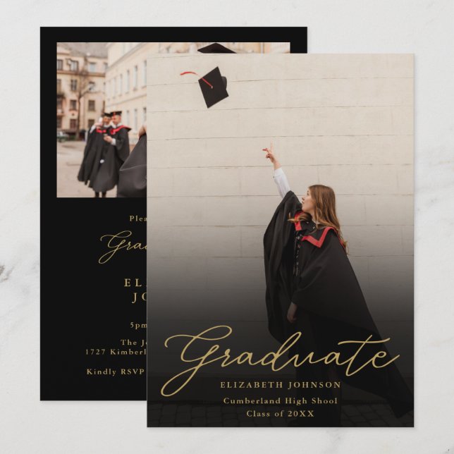 Black And Gold Photo Script Graduation Party Invitation (Front/Back)